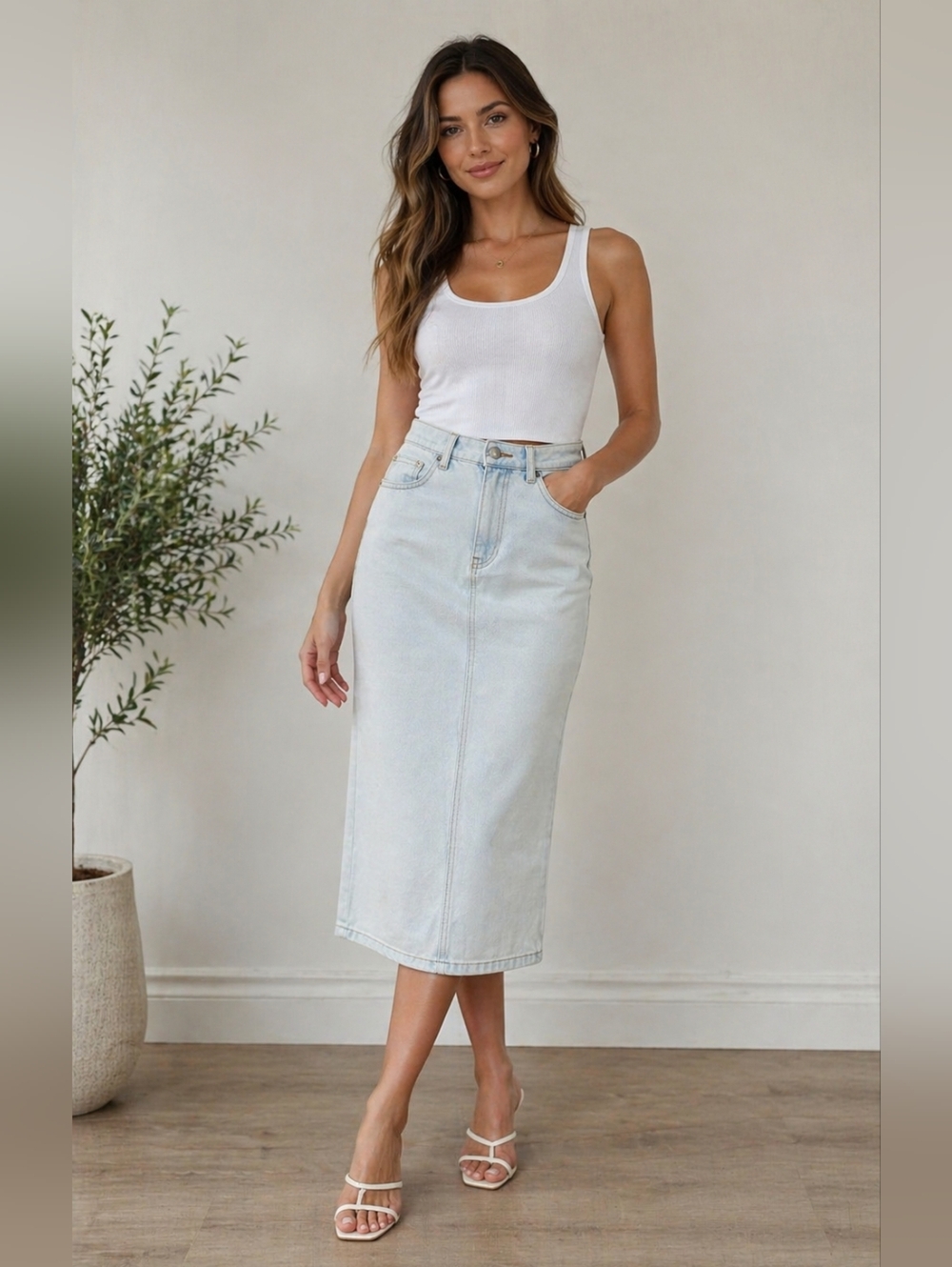 Velvet Heart Light Wash Denim Midi Skirt